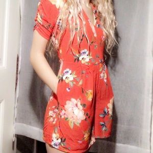 Red orange floral romper